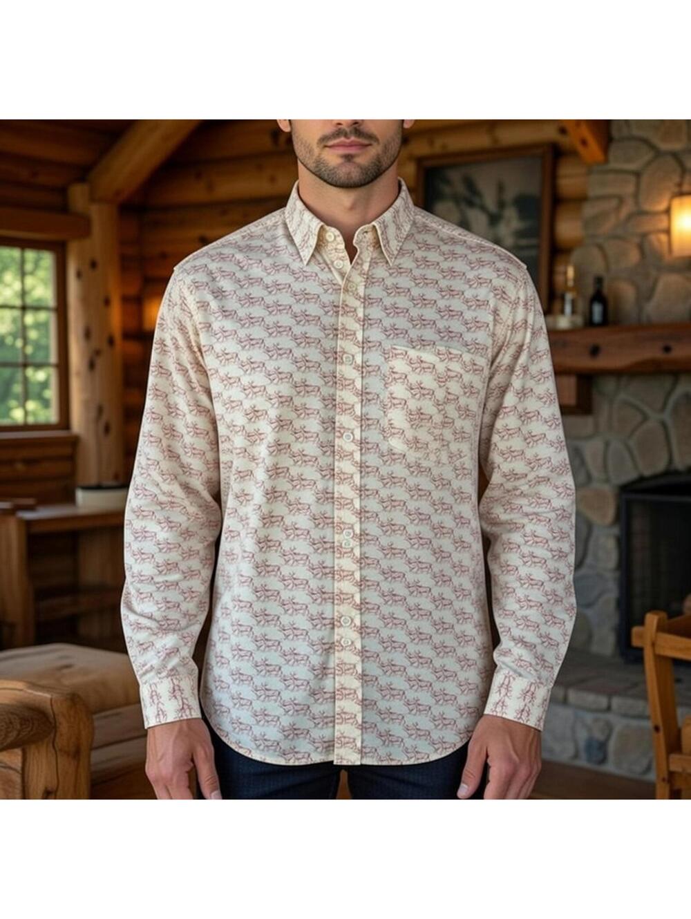 VTG Banana Republic Safari Shirt Mens Large White Red Deer AOP Dress Preppy Y2K